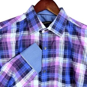 BUGATCHI Men's Long Sleeve Plaid Button Down Shirt Classic Fit Purple Blue